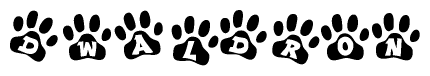 The image shows a row of animal paw prints, each containing a letter. The letters spell out the word Dwaldron within the paw prints.