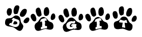 The image shows a row of animal paw prints, each containing a letter. The letters spell out the word Digit within the paw prints.