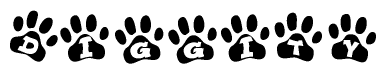 The image shows a series of animal paw prints arranged in a horizontal line. Each paw print contains a letter, and together they spell out the word Diggity.