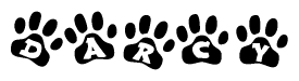 The image shows a row of animal paw prints, each containing a letter. The letters spell out the word Darcy within the paw prints.