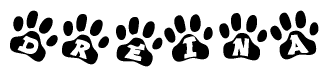 The image shows a series of animal paw prints arranged horizontally. Within each paw print, there's a letter; together they spell Dreina