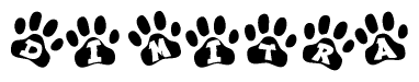 The image shows a series of animal paw prints arranged horizontally. Within each paw print, there's a letter; together they spell Dimitra