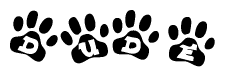 The image shows a series of animal paw prints arranged horizontally. Within each paw print, there's a letter; together they spell Dude