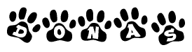 The image shows a series of animal paw prints arranged in a horizontal line. Each paw print contains a letter, and together they spell out the word Donas.