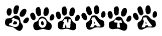 The image shows a series of animal paw prints arranged in a horizontal line. Each paw print contains a letter, and together they spell out the word Donata.