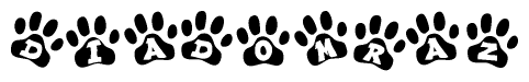 The image shows a series of animal paw prints arranged horizontally. Within each paw print, there's a letter; together they spell Diadomraz