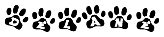 The image shows a series of animal paw prints arranged in a horizontal line. Each paw print contains a letter, and together they spell out the word Delane.