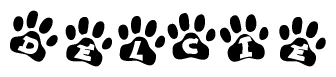 The image shows a series of animal paw prints arranged in a horizontal line. Each paw print contains a letter, and together they spell out the word Delcie.