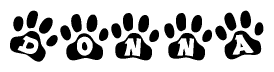 The image shows a row of animal paw prints, each containing a letter. The letters spell out the word Donna within the paw prints.