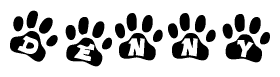 The image shows a series of animal paw prints arranged horizontally. Within each paw print, there's a letter; together they spell Denny