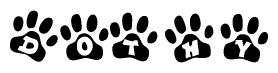 The image shows a series of animal paw prints arranged in a horizontal line. Each paw print contains a letter, and together they spell out the word Dothy.
