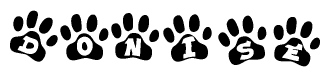 The image shows a series of animal paw prints arranged in a horizontal line. Each paw print contains a letter, and together they spell out the word Donise.