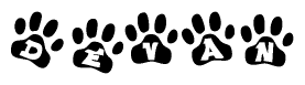 The image shows a series of animal paw prints arranged horizontally. Within each paw print, there's a letter; together they spell Devan