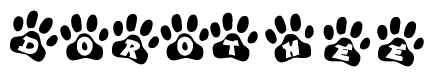 The image shows a series of animal paw prints arranged in a horizontal line. Each paw print contains a letter, and together they spell out the word Dorothee.