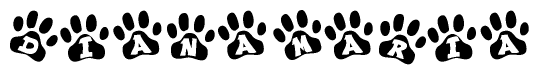The image shows a series of animal paw prints arranged in a horizontal line. Each paw print contains a letter, and together they spell out the word Dianamaria.
