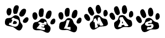 The image shows a series of animal paw prints arranged in a horizontal line. Each paw print contains a letter, and together they spell out the word Delmas.