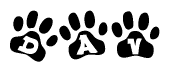 The image shows a series of animal paw prints arranged in a horizontal line. Each paw print contains a letter, and together they spell out the word Dav.