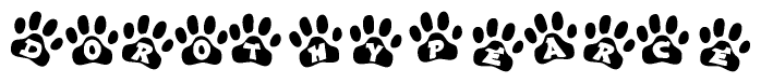 The image shows a row of animal paw prints, each containing a letter. The letters spell out the word Dorothypearce within the paw prints.
