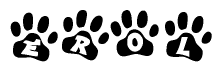 The image shows a series of animal paw prints arranged in a horizontal line. Each paw print contains a letter, and together they spell out the word Erol.
