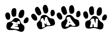 The image shows a row of animal paw prints, each containing a letter. The letters spell out the word Eman within the paw prints.