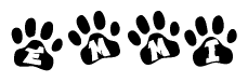 The image shows a row of animal paw prints, each containing a letter. The letters spell out the word Emmi within the paw prints.