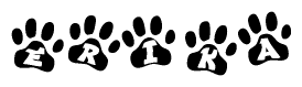 The image shows a row of animal paw prints, each containing a letter. The letters spell out the word Erika within the paw prints.