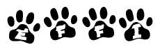 The image shows a series of animal paw prints arranged horizontally. Within each paw print, there's a letter; together they spell Effi