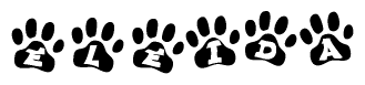 The image shows a series of animal paw prints arranged in a horizontal line. Each paw print contains a letter, and together they spell out the word Eleida.