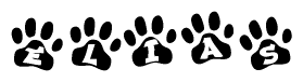 The image shows a series of animal paw prints arranged horizontally. Within each paw print, there's a letter; together they spell Elias