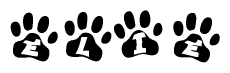 The image shows a series of animal paw prints arranged horizontally. Within each paw print, there's a letter; together they spell Elie
