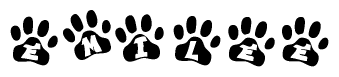 The image shows a series of animal paw prints arranged in a horizontal line. Each paw print contains a letter, and together they spell out the word Emilee.