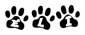 The image shows a row of animal paw prints, each containing a letter. The letters spell out the word Eli within the paw prints.