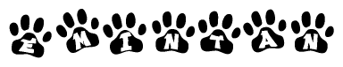 The image shows a series of animal paw prints arranged in a horizontal line. Each paw print contains a letter, and together they spell out the word Emintan.
