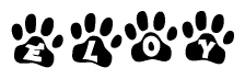 The image shows a series of animal paw prints arranged horizontally. Within each paw print, there's a letter; together they spell Eloy