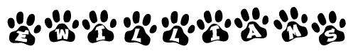 The image shows a series of animal paw prints arranged horizontally. Within each paw print, there's a letter; together they spell Ewilliams