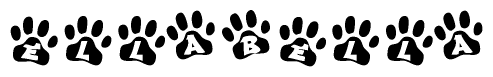 The image shows a series of animal paw prints arranged in a horizontal line. Each paw print contains a letter, and together they spell out the word Ellabella.