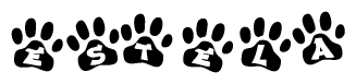 The image shows a series of animal paw prints arranged horizontally. Within each paw print, there's a letter; together they spell Estela