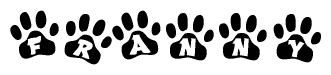 The image shows a series of animal paw prints arranged in a horizontal line. Each paw print contains a letter, and together they spell out the word Franny.