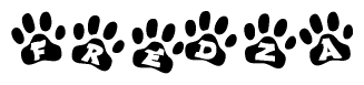 The image shows a row of animal paw prints, each containing a letter. The letters spell out the word Fredza within the paw prints.