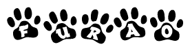 The image shows a series of animal paw prints arranged horizontally. Within each paw print, there's a letter; together they spell Furao