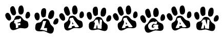 The image shows a series of animal paw prints arranged in a horizontal line. Each paw print contains a letter, and together they spell out the word Flanagan.