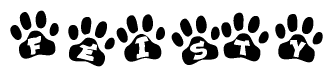 The image shows a row of animal paw prints, each containing a letter. The letters spell out the word Feisty within the paw prints.