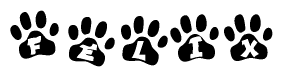 The image shows a series of animal paw prints arranged horizontally. Within each paw print, there's a letter; together they spell Felix