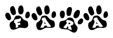 The image shows a row of animal paw prints, each containing a letter. The letters spell out the word Fara within the paw prints.
