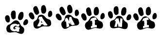 The image shows a row of animal paw prints, each containing a letter. The letters spell out the word Gamini within the paw prints.