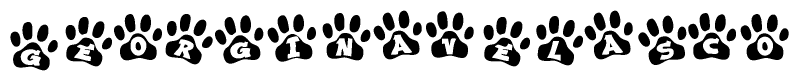The image shows a series of animal paw prints arranged in a horizontal line. Each paw print contains a letter, and together they spell out the word Georginavelasco.