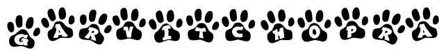 The image shows a series of animal paw prints arranged horizontally. Within each paw print, there's a letter; together they spell Garvitchopra