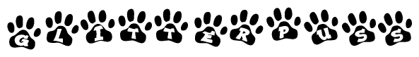 The image shows a series of animal paw prints arranged in a horizontal line. Each paw print contains a letter, and together they spell out the word Glitterpuss.