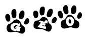 The image shows a series of animal paw prints arranged in a horizontal line. Each paw print contains a letter, and together they spell out the word Geo.