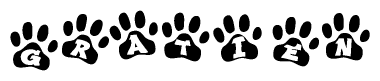 The image shows a series of animal paw prints arranged horizontally. Within each paw print, there's a letter; together they spell Gratien